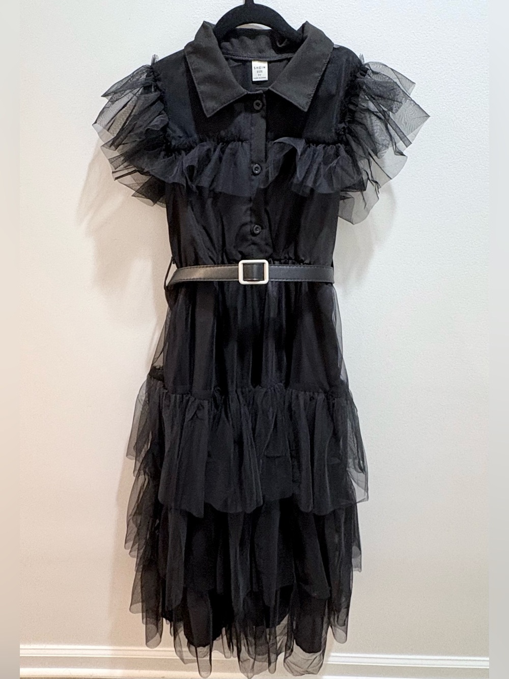 Wednesday Addams Formal Black Ruffle Dress w/Belt Girl Size 9 Kids Costume Goth